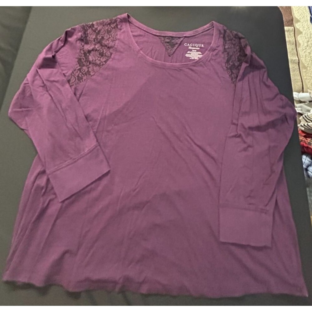 Cacique Lane Bryant Purple Marled Sleep Top Lace Long Sleeve Cuffs Plus 26/28